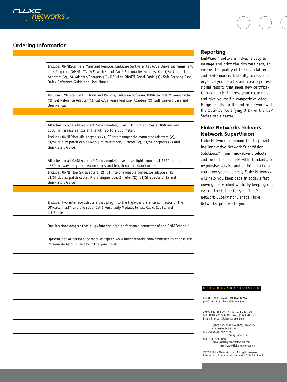 Ordering information, Reporting, Fluke networks delivers network supervision | Atec Fluke-OmniScanner2 User Manual | Page 2 / 2