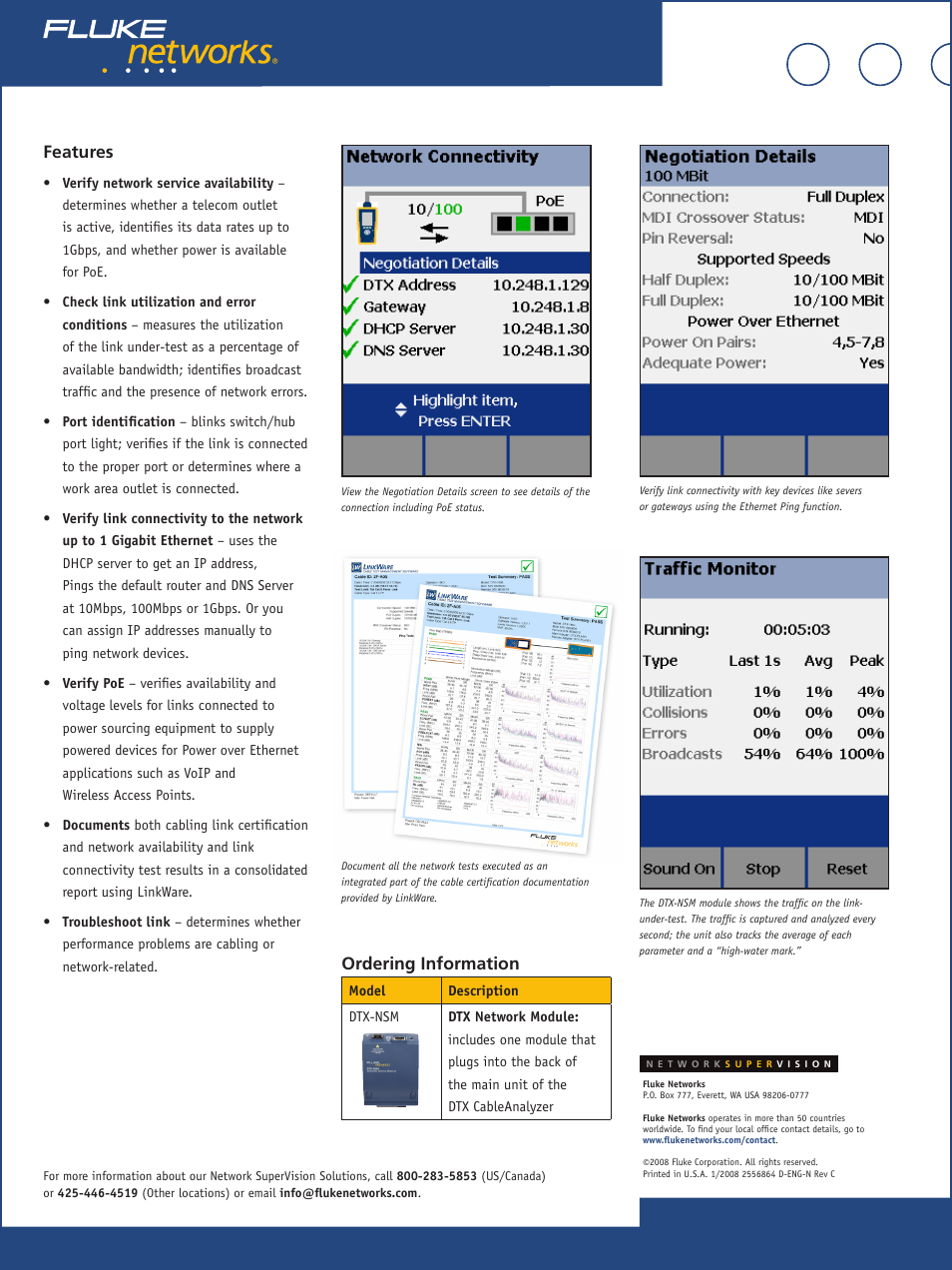 Ordering information, Features | Atec Fluke-DTX-NSM User Manual | Page 2 / 2