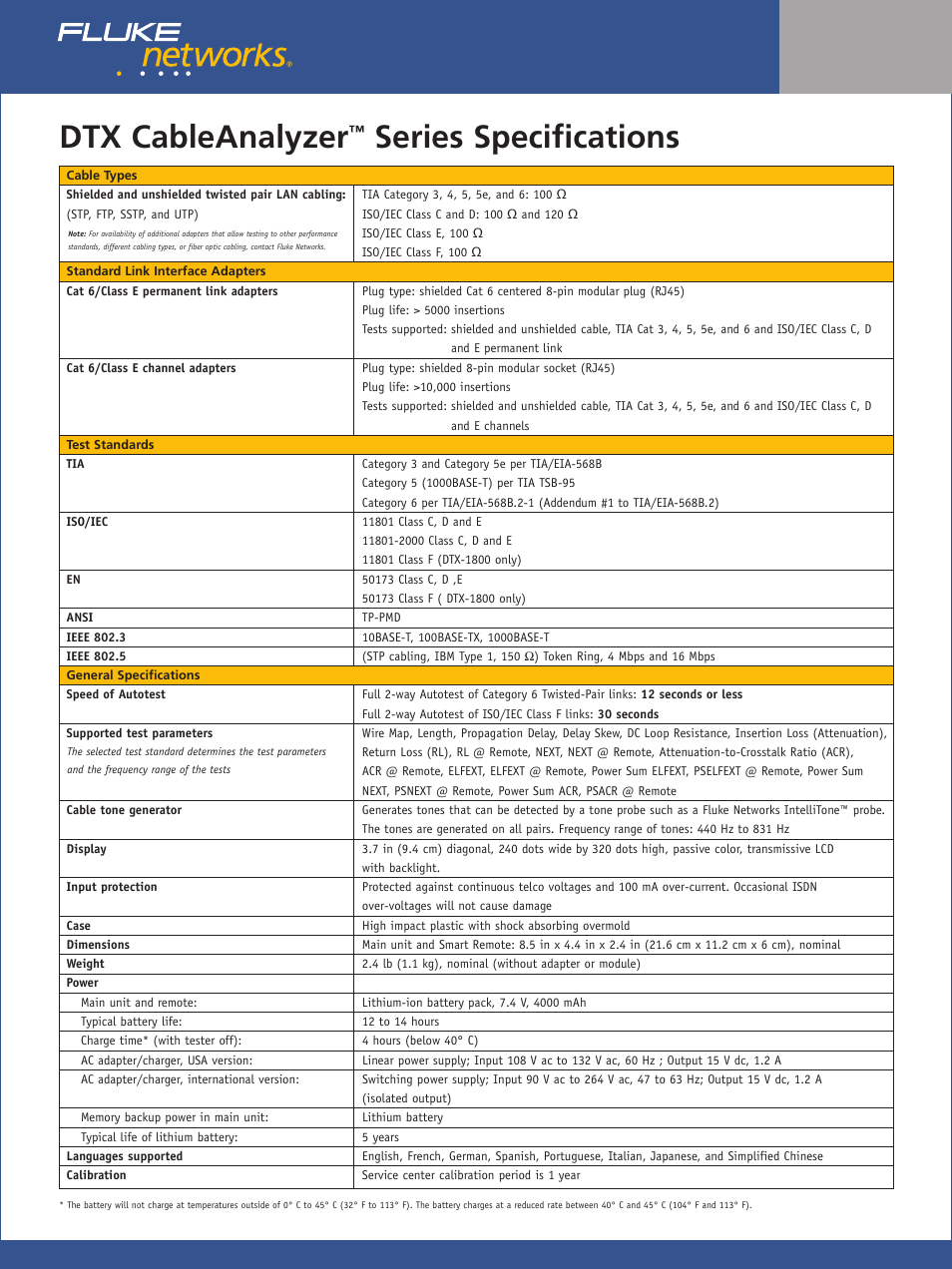 Dtx cableanalyzer, Series specifications | Atec Fluke-DTX Series User Manual | Page 2 / 3