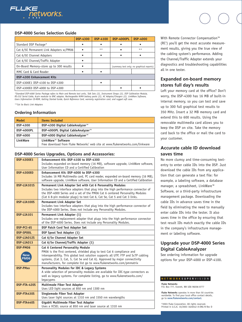 Ac accurate cable id download saves time, Upgrade your dsp-4000 series digital cableanalyzer, Ordering information | Dsp-4000 series upgrades, options and accessories, Dsp-4000 series selection guide | Atec Fluke-DSP-4300 User Manual | Page 2 / 2