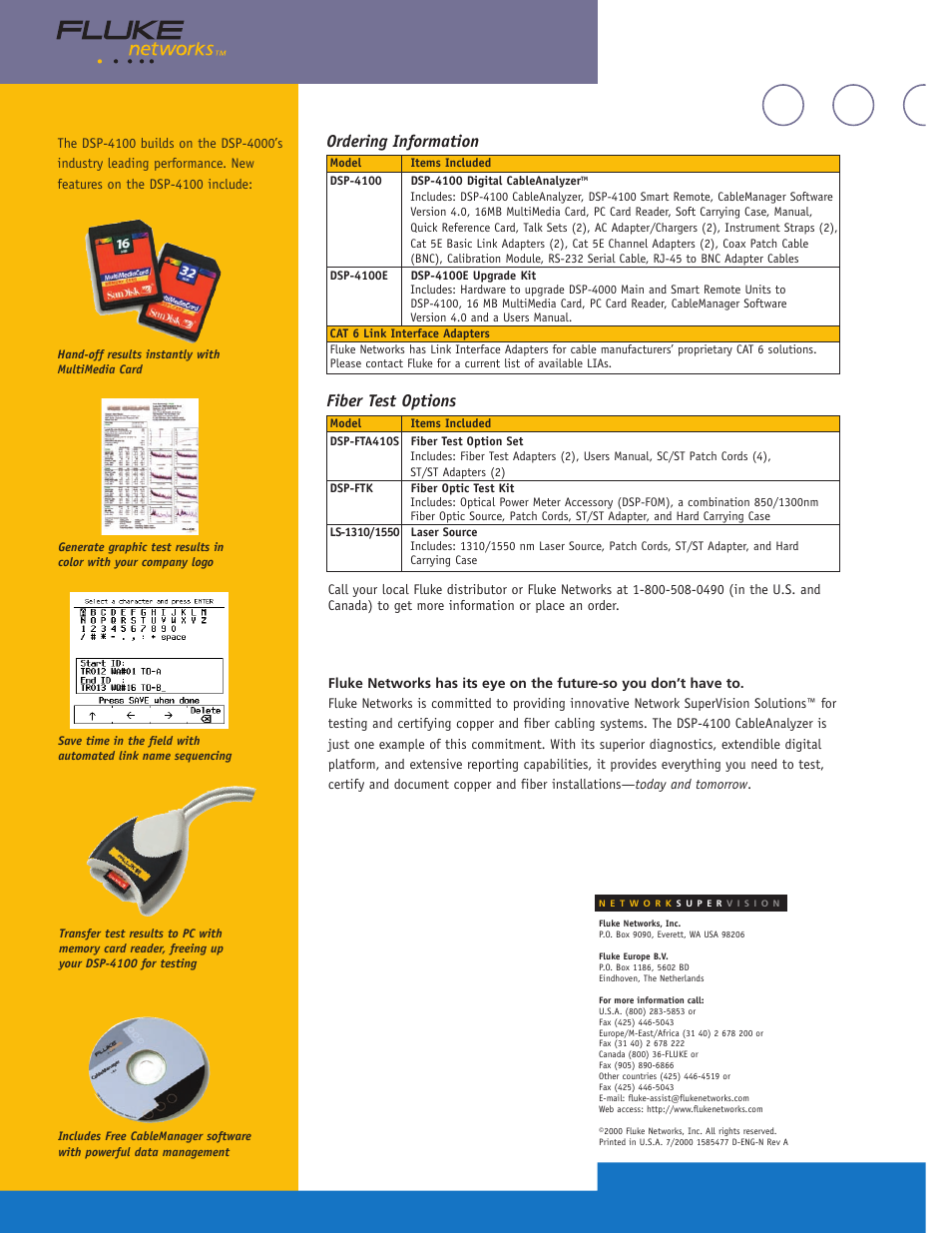 Ordering information, Fiber test options | Atec Fluke-DSP4100 User Manual | Page 2 / 2