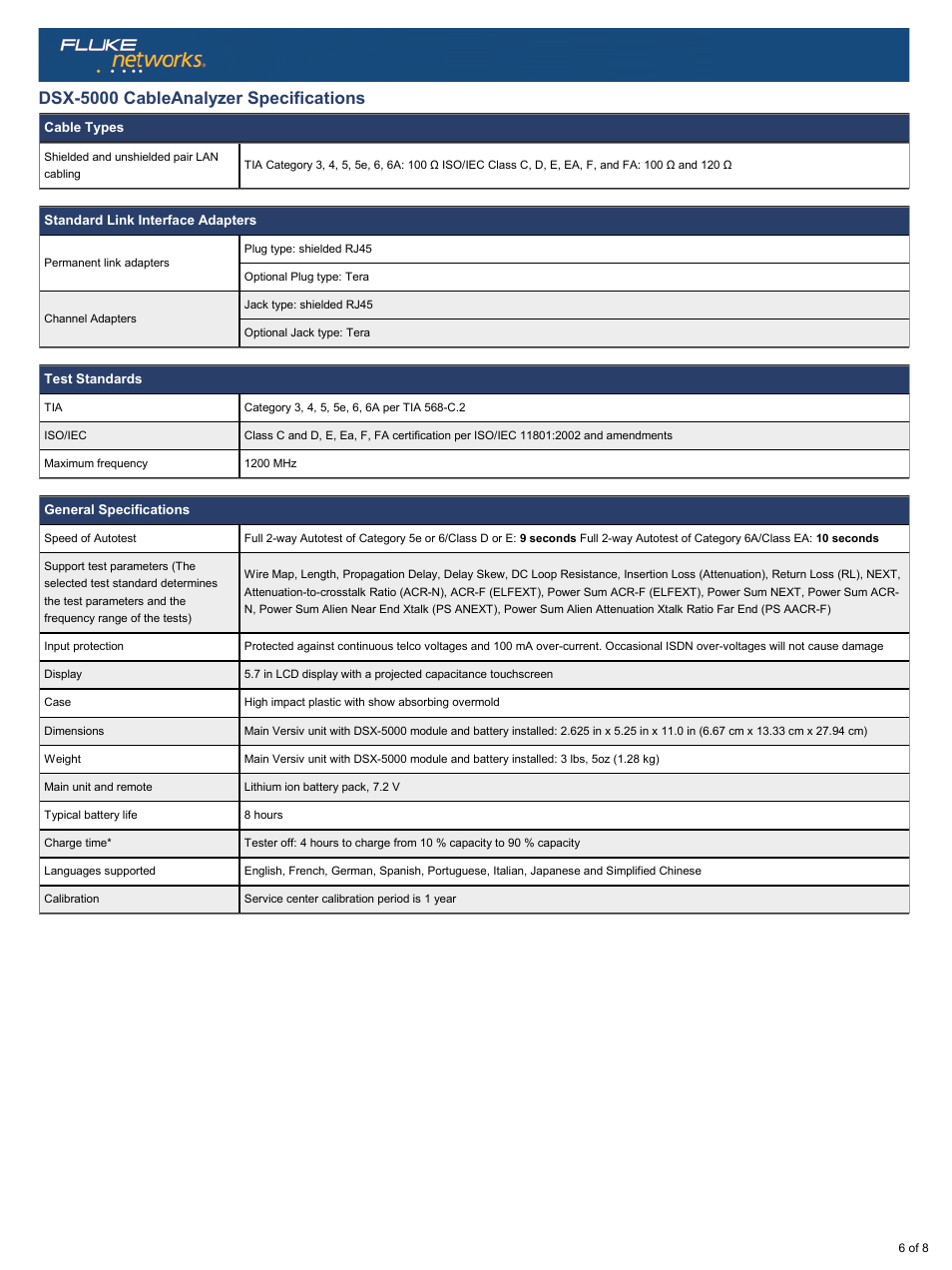 Dsx-5000 cableanalyzer specifications | Atec Fluke-DSX-5000 User Manual | Page 6 / 8