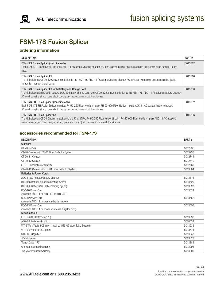 Fusion splicing systems, Fsm-17s fusion splicer, Ordering information | Accessories recommended for fsm-17s | Atec Fujikura-FSM-17S User Manual | Page 2 / 2