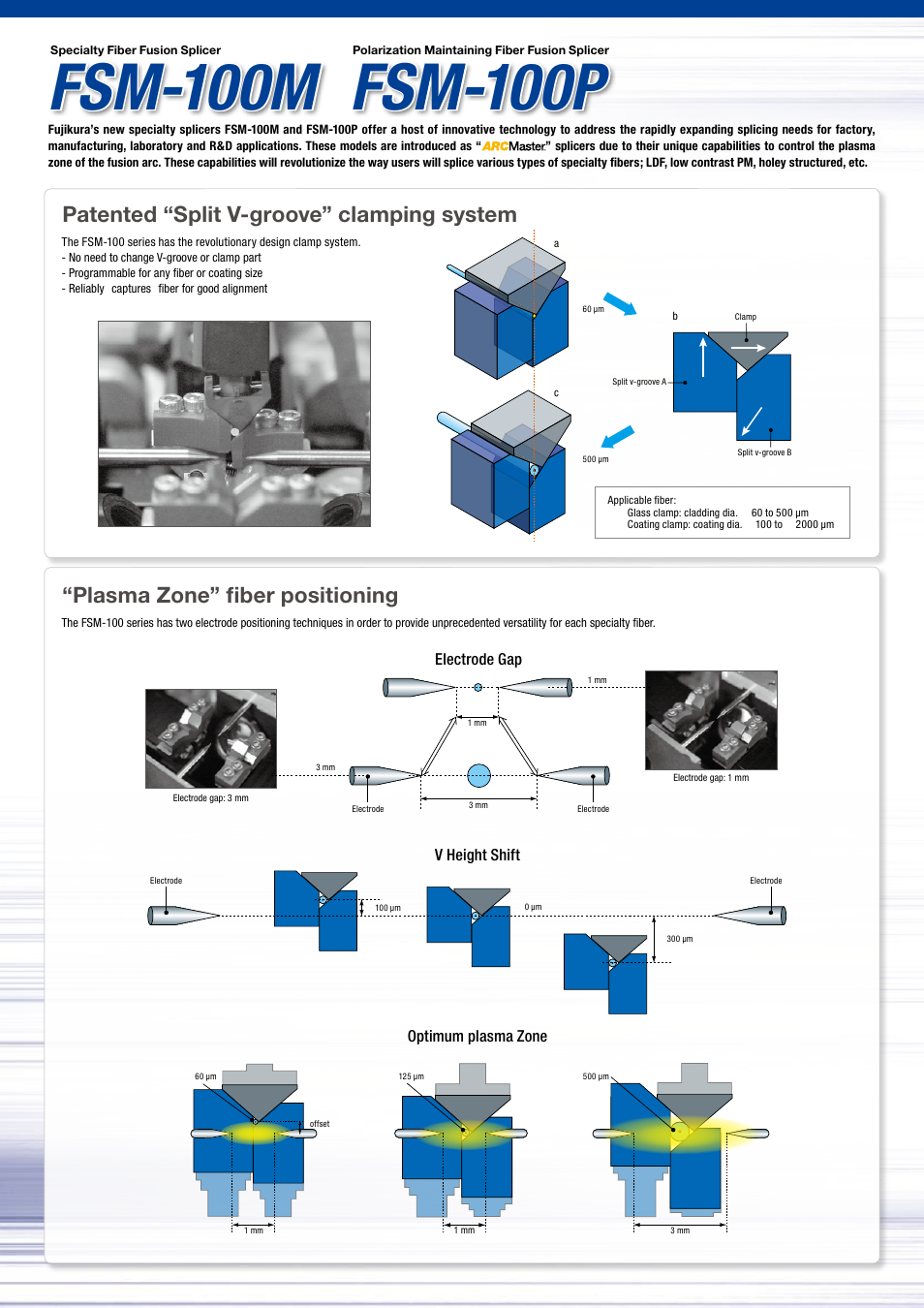 Patented “split v-groove” clamping system, Plasma zone” fiber positioning, Electrode gap | V height shift optimum plasma zone | Atec Fujikura_FSM-100 Series User Manual | Page 2 / 4