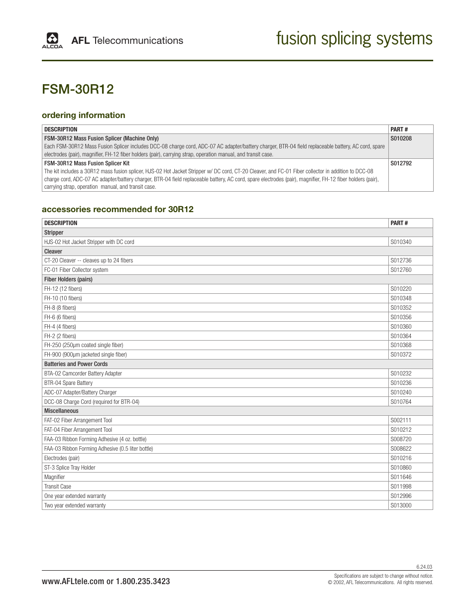 Fusion splicing systems, Fsm-30r12, Afl telecommunications | Accessories recommended for 30r12, Ordering information | Atec Fujikura-fsm-30r12 User Manual | Page 2 / 2