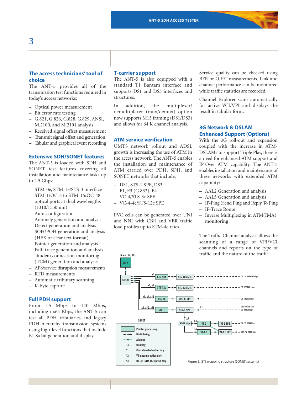 The access technicians’ tool of choice, Extensive sdh/sonet features, Full pdh support | T-carrier support, Atm service verification, 3g network & dslam enhanced support (options) | Atec JDSU-ANT-5 User Manual | Page 3 / 13