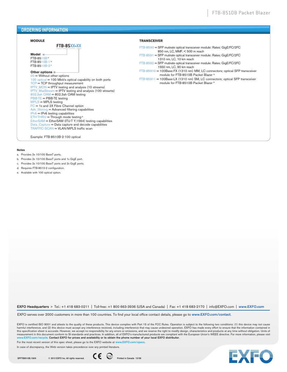 Ftb-8510b packet blazer, Ordering information, Ftb-85 xx - xx | Atec EXFO-FTB-8510B User Manual | Page 10 / 10