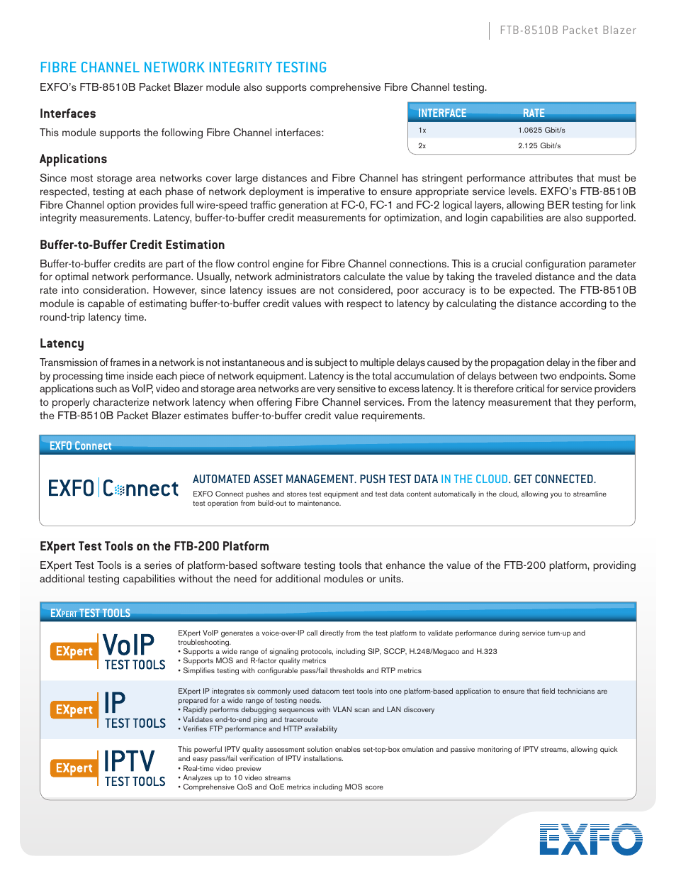 Fibre channel network integrity testing, Interfaces, Applications | Buffer-to-buffer credit estimation, Latency, Expert test tools on the ftb-200 platform | Atec EXFO-FTB-8510B User Manual | Page 5 / 10