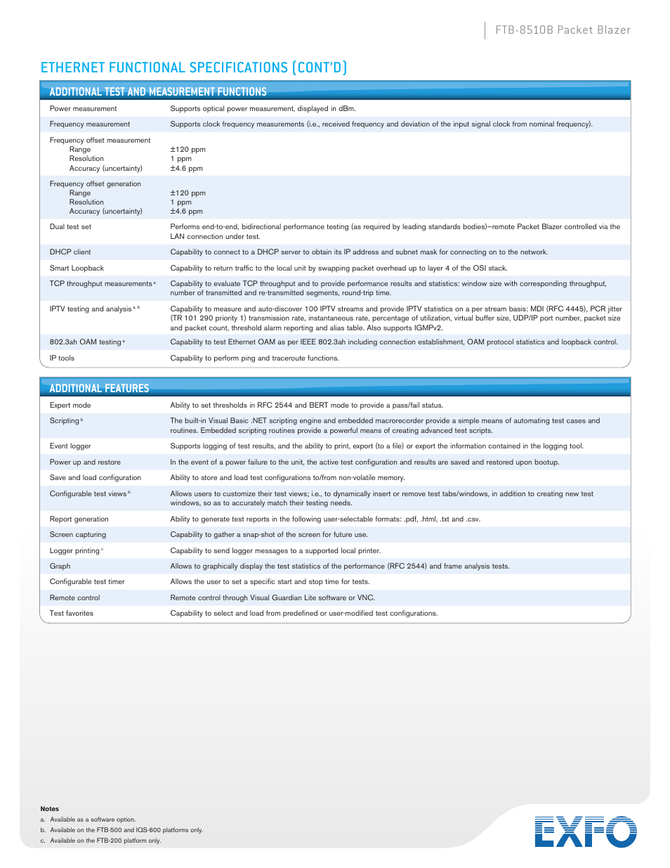 Ethernet functional specifications (cont’d), Ftb-8510b packet blazer, Additional test and measurement functions | Additional features | Atec EXFO-FTB-8510B User Manual | Page 8 / 10