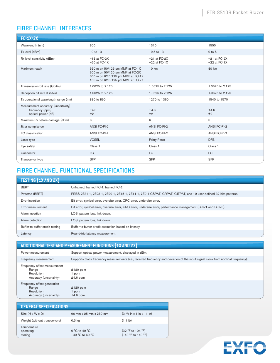 Ftb-8510b packet blazer, Fc-1x/2x, Testing (1x and 2x) | General specifications | Atec EXFO-FTB-8510B User Manual | Page 9 / 10