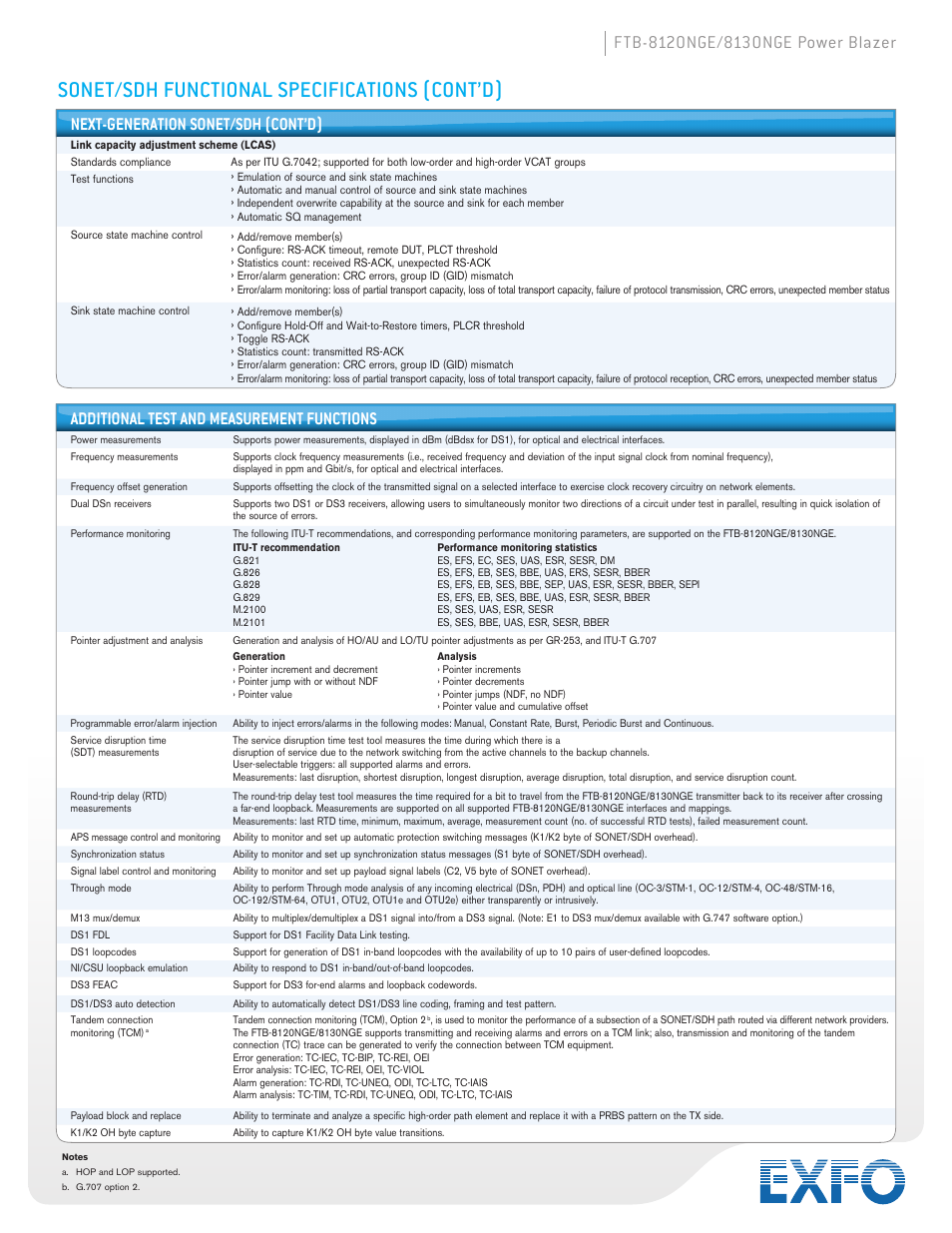 Sonet/sdh functional specifications (cont’d), Additional test and measurement functions | Atec EXFO-FTB-8120-8130NGE User Manual | Page 15 / 23