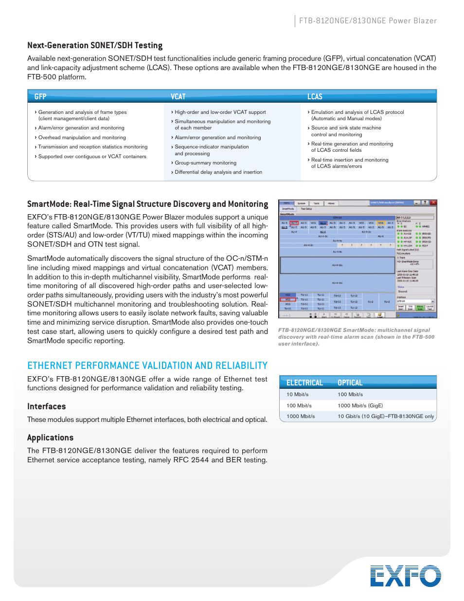 Ethernet performance validation and reliability, Next-generation sonet/sdh testing, Interfaces | Applications, Electrical optical, Gfp vcat lcas | Atec EXFO-FTB-8120-8130NGE User Manual | Page 4 / 23