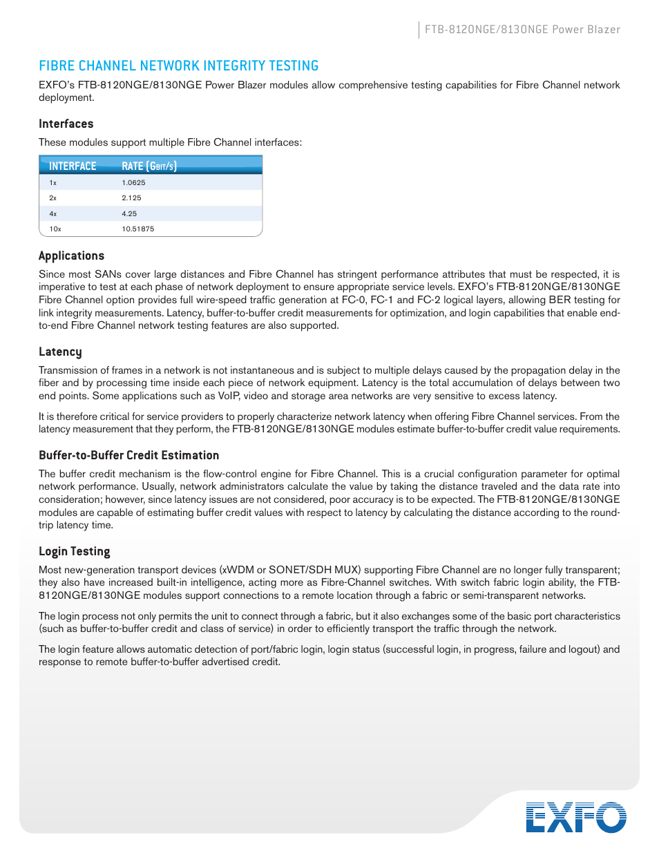 Fibre channel network integrity testing, Interfaces, Applications | Latency, Buffer-to-buffer credit estimation, Login testing | Atec EXFO-FTB-8120-8130NGE User Manual | Page 8 / 23