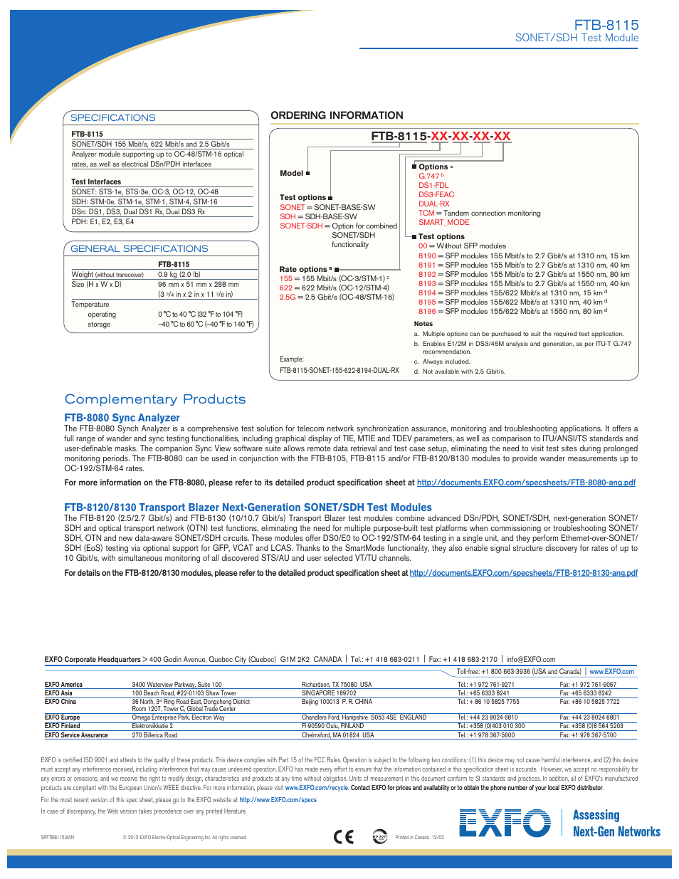 Ftb-8115, Complementary products, Ftb-8115- xx - xx - xx - xx | Sonet/sdh test module, Ftb-8080 sync analyzer, Ordering information | Atec EXFO-FTB-8115 User Manual | Page 9 / 9