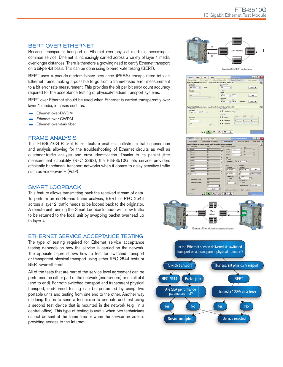 Ftb-8510g, Bert over ethernet, Frame analysis | Smart loopback, Ethernet service acceptance testing | Atec EXFO-FTB-8510G User Manual | Page 5 / 8