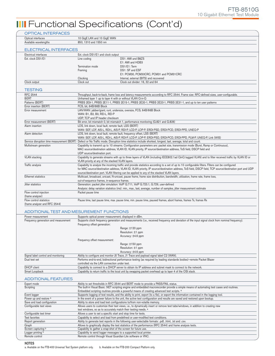 Functional specifications (cont’d), Ftb-8510g, 10 gigabit ethernet test module | Atec EXFO-FTB-8510G User Manual | Page 7 / 8