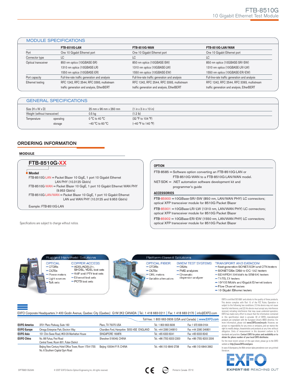 Ftb-8510g, Ftb-8510g- xx, 10 gigabit ethernet test module | Ordering information | Atec EXFO-FTB-8510G User Manual | Page 8 / 8