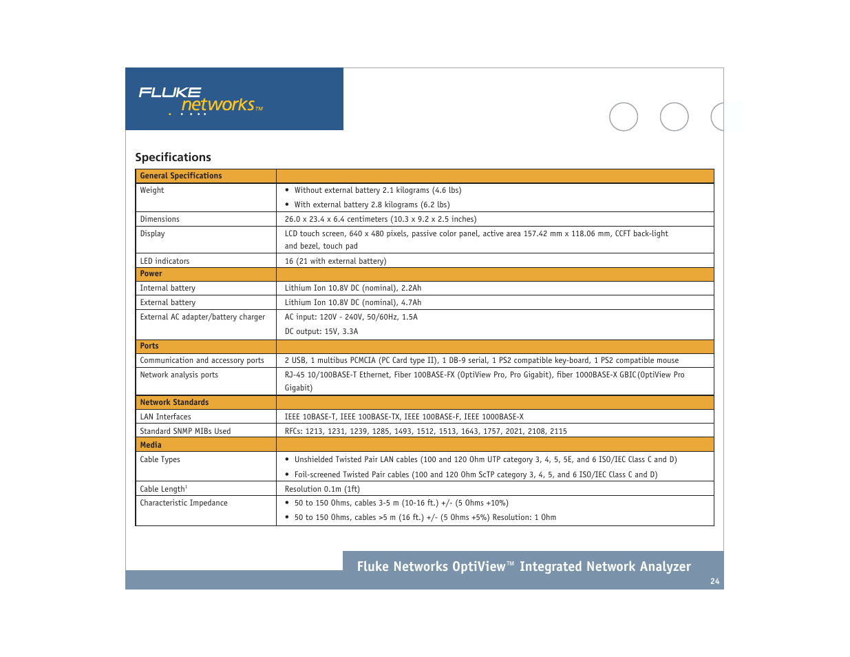 Specifications | Atec Fluke-OptiView User Manual | Page 24 / 28