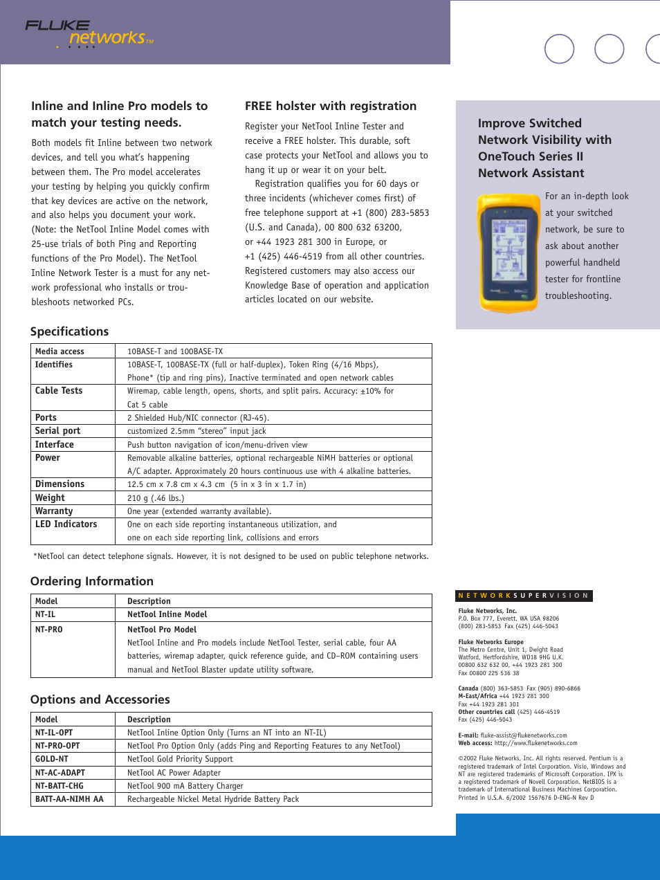 Specifications, Ordering information, Options and accessories | Free holster with registration | Atec Fluke-NT-IL User Manual | Page 3 / 3