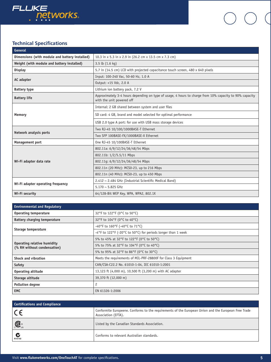 Technical specifications | Atec Fluke-OneTouch User Manual | Page 5 / 6