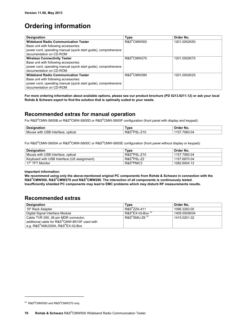 Ordering information, Recommended extras for manual operation, Recommended extras | Atec Rohde-Schwarz-CMW500 User Manual | Page 70 / 72