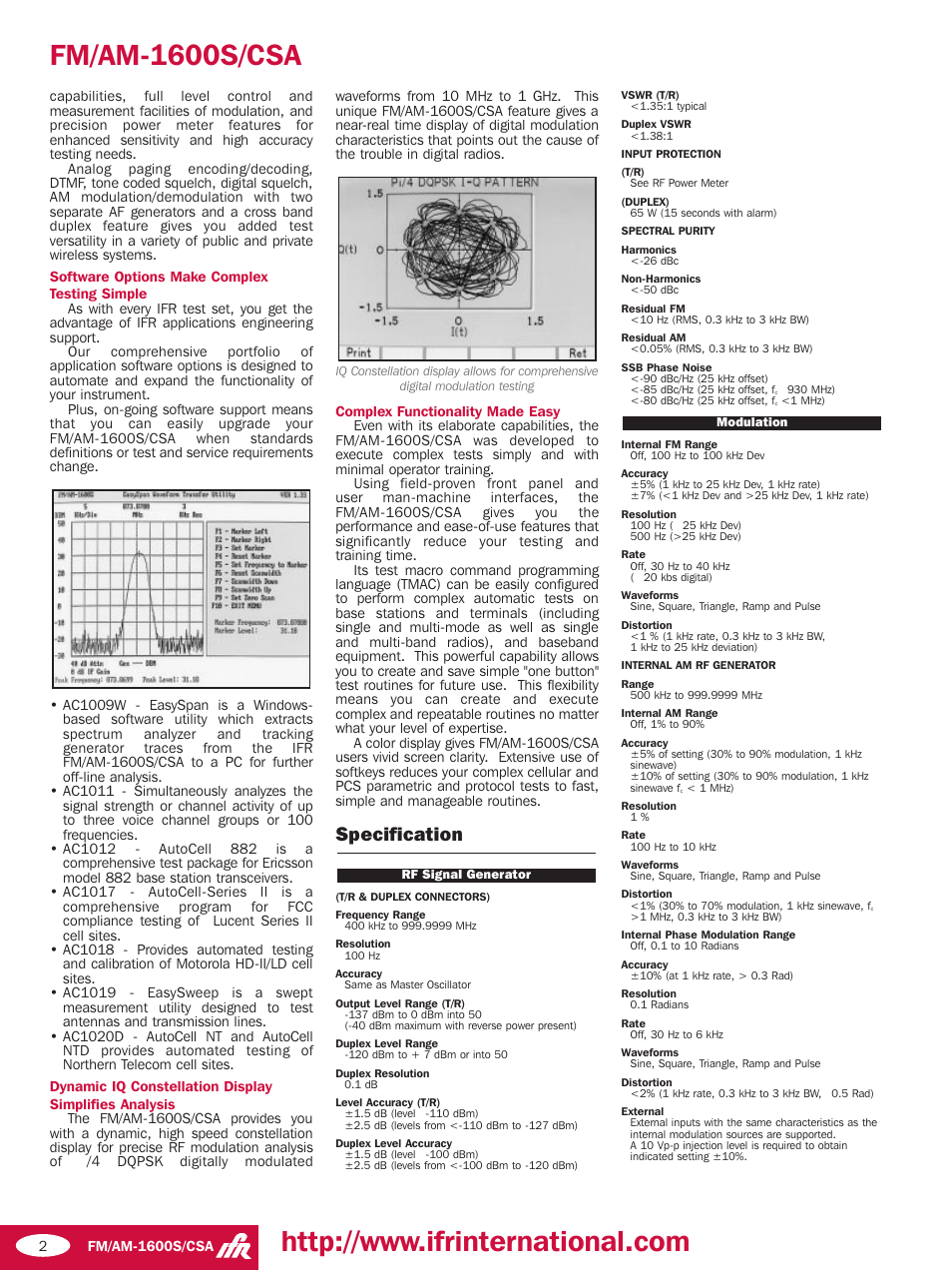 Fm/am-1600s/csa, Specification | Atec IFR-Aeroflex-FMAM1600S User Manual | Page 2 / 4