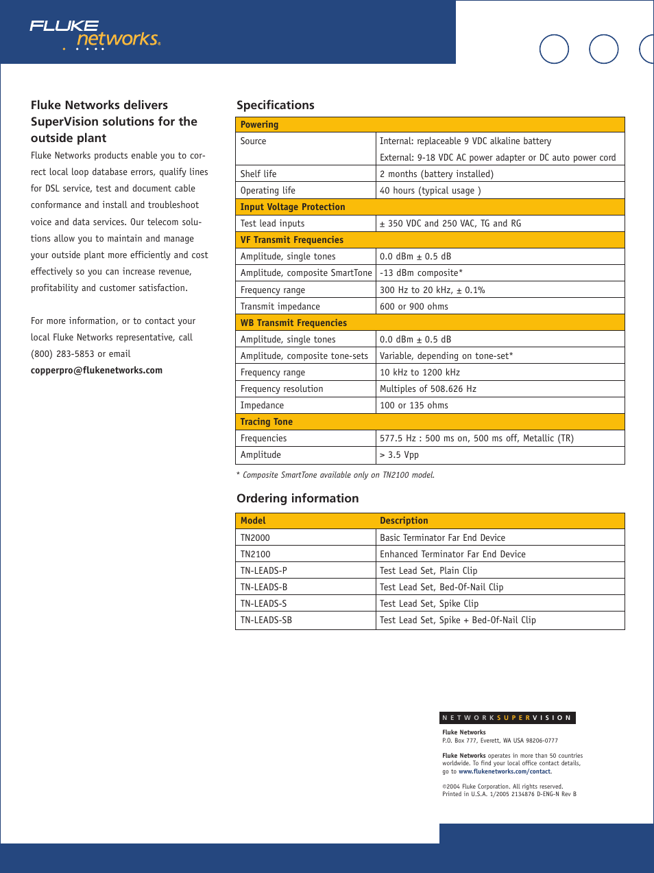 Specifications, Ordering information | Atec Fluke-TN2100 User Manual | Page 3 / 3