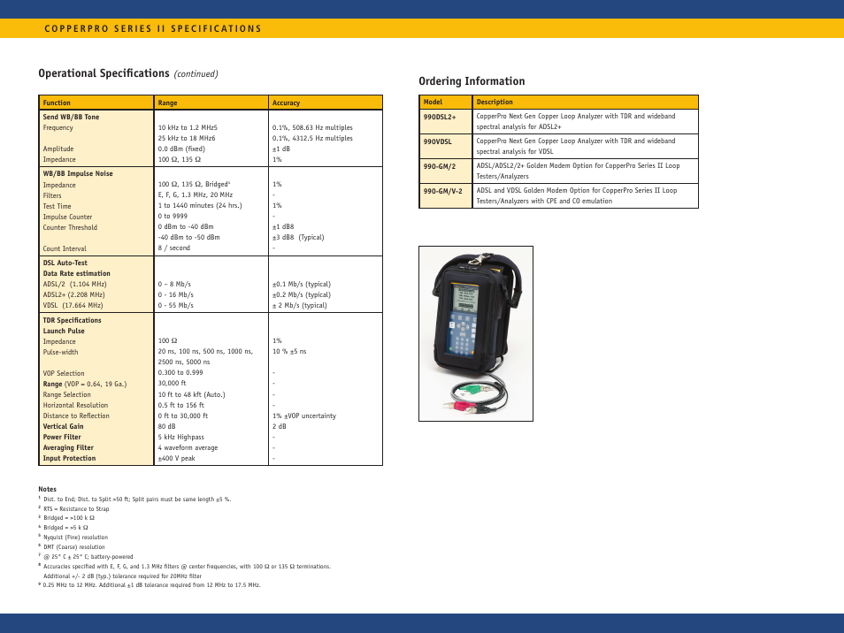 Operational specifications, Ordering information | Atec Fluke-990DSL User Manual | Page 11 / 12