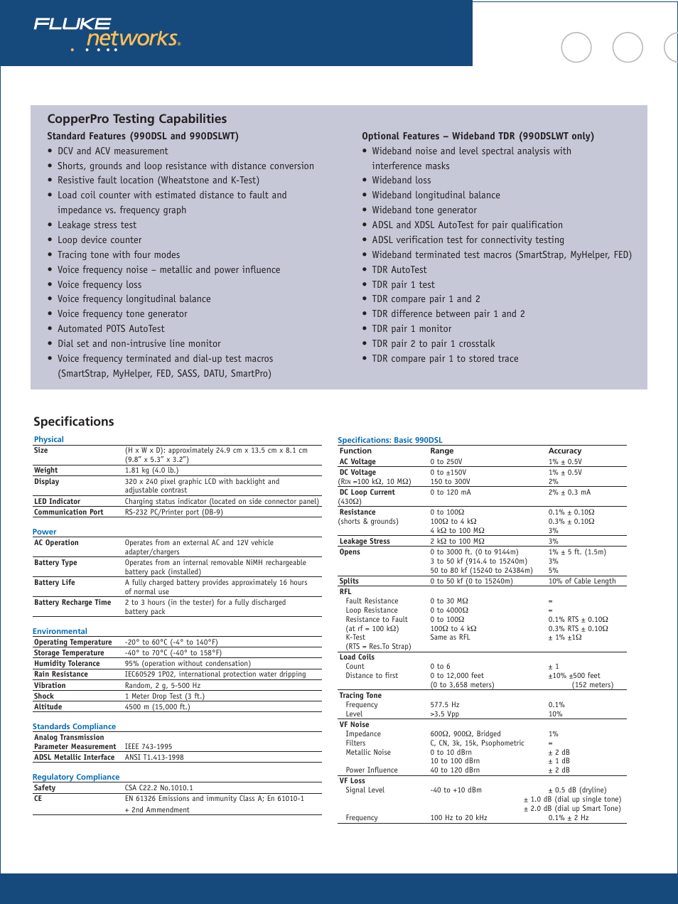 Copperpro testing capabilities, Specifications | Atec Fluke-990DSL User Manual | Page 3 / 12