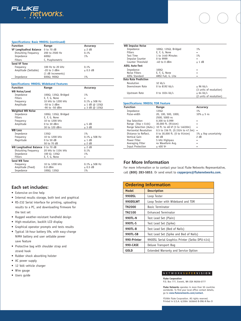 Each set includes, For more information, Ordering information | Atec Fluke-990DSL User Manual | Page 4 / 12