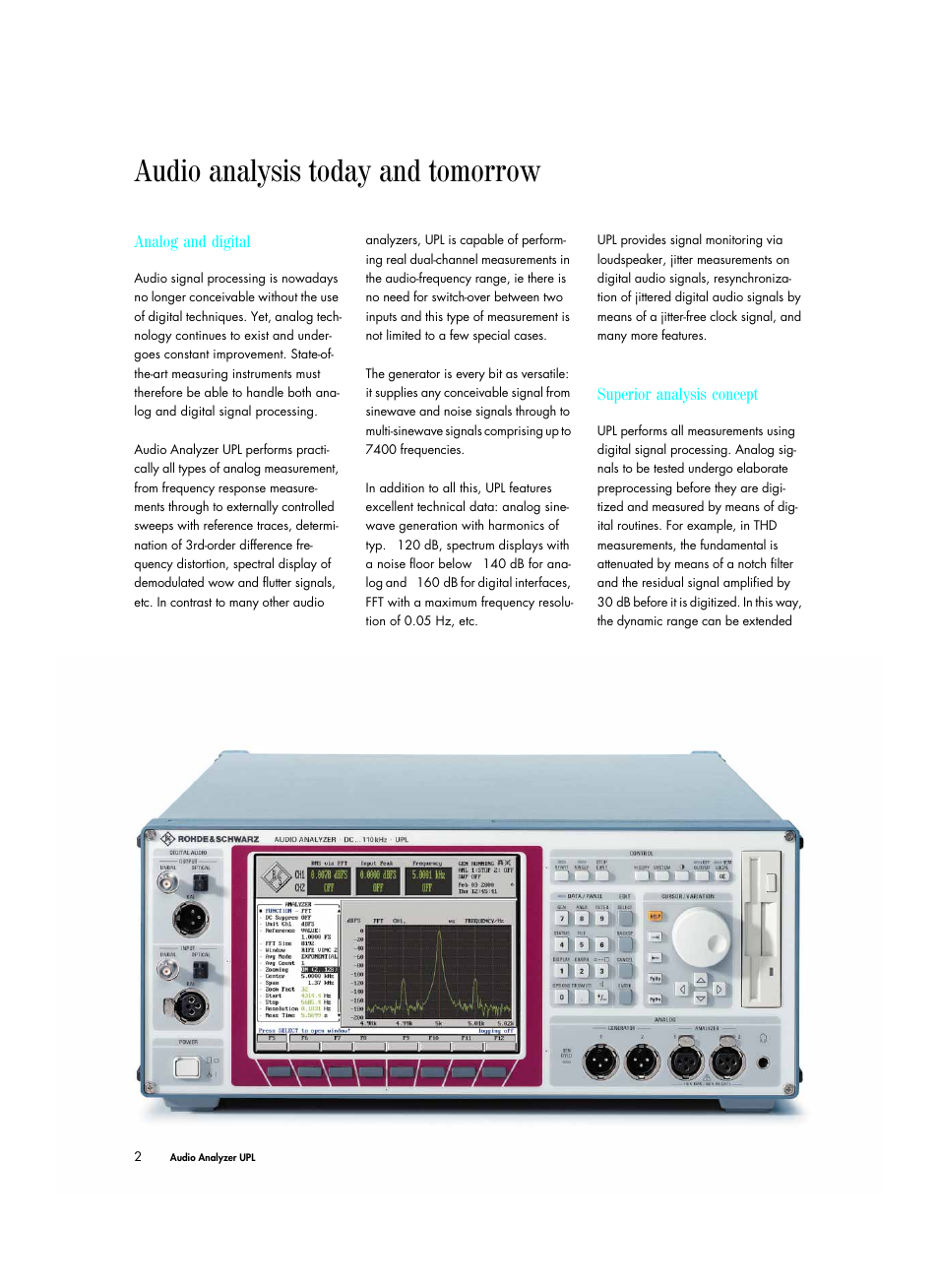 Audio analysis today and tomorrow, Analog and digital, Superior analysis concept | Atec Rohde-Schwarz-UPL User Manual | Page 2 / 24