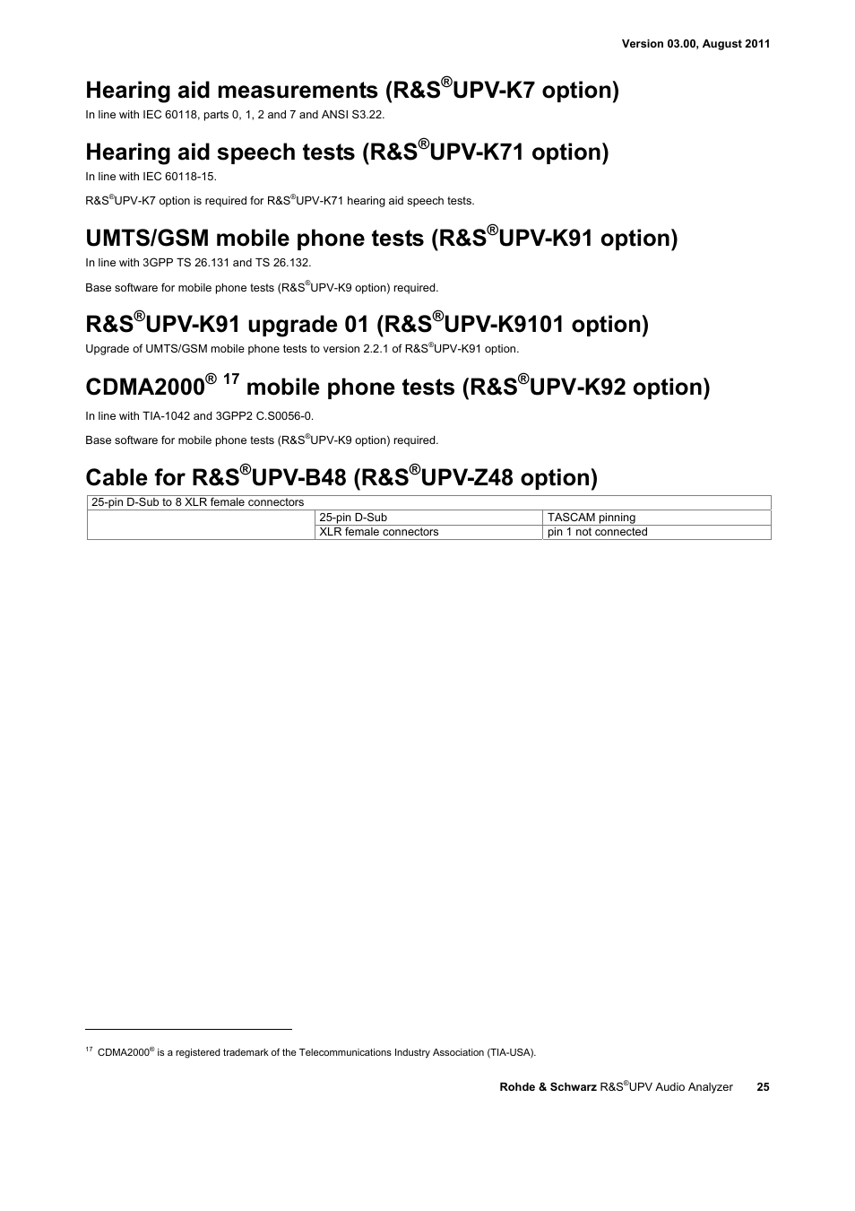 Hearing aid measurements (r&s, Upv-k7 option), Hearing aid speech tests (r&s | Upv-k71 option), Umts/gsm mobile phone tests (r&s, Upv-k91 option), Upv-k91 upgrade 01 (r&s, Upv-k9101 option), Cdma2000, Mobile phone tests (r&s | Atec Rohde-Schwarz-UPV User Manual | Page 25 / 28