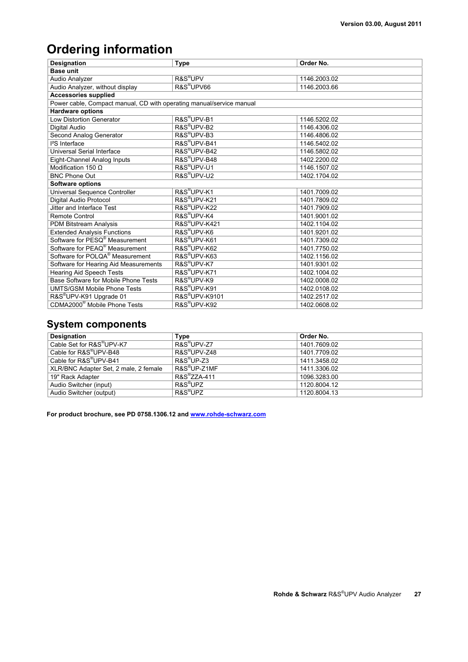 Ordering information, System components | Atec Rohde-Schwarz-UPV User Manual | Page 27 / 28