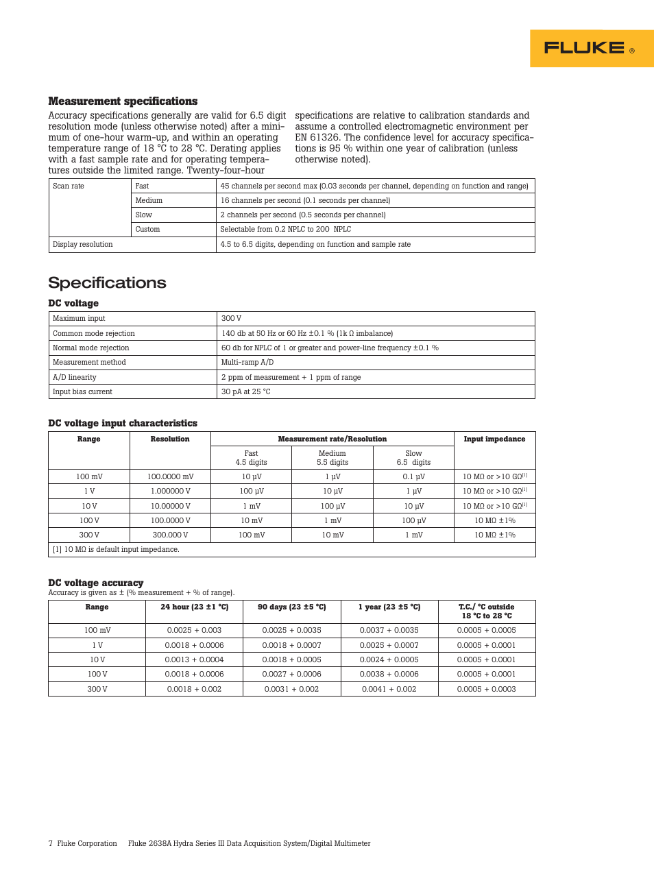 Specifications, Measurement specifications | Atec Fluke-2638A User Manual | Page 7 / 12