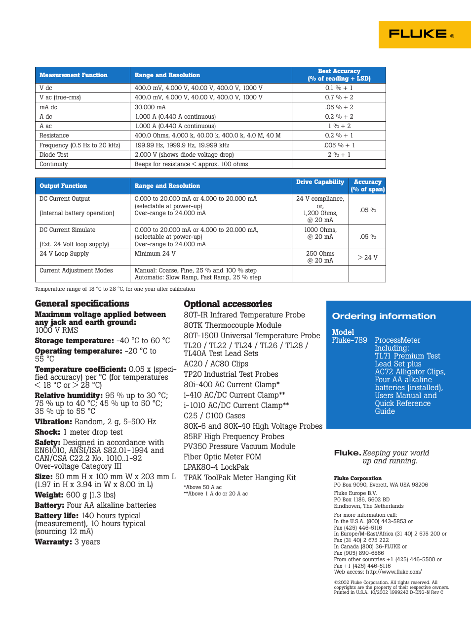 General specifications, Optional accessories | Atec Fluke-789 User Manual | Page 2 / 2