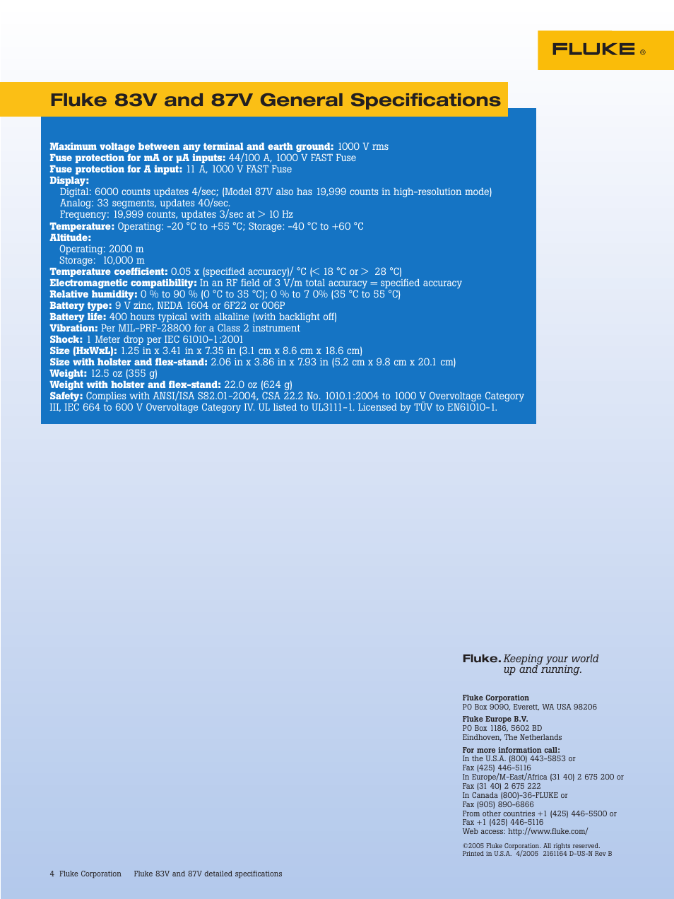 Fluke 83v and 87v general specifications | Atec Fluke-87V User Manual | Page 4 / 4