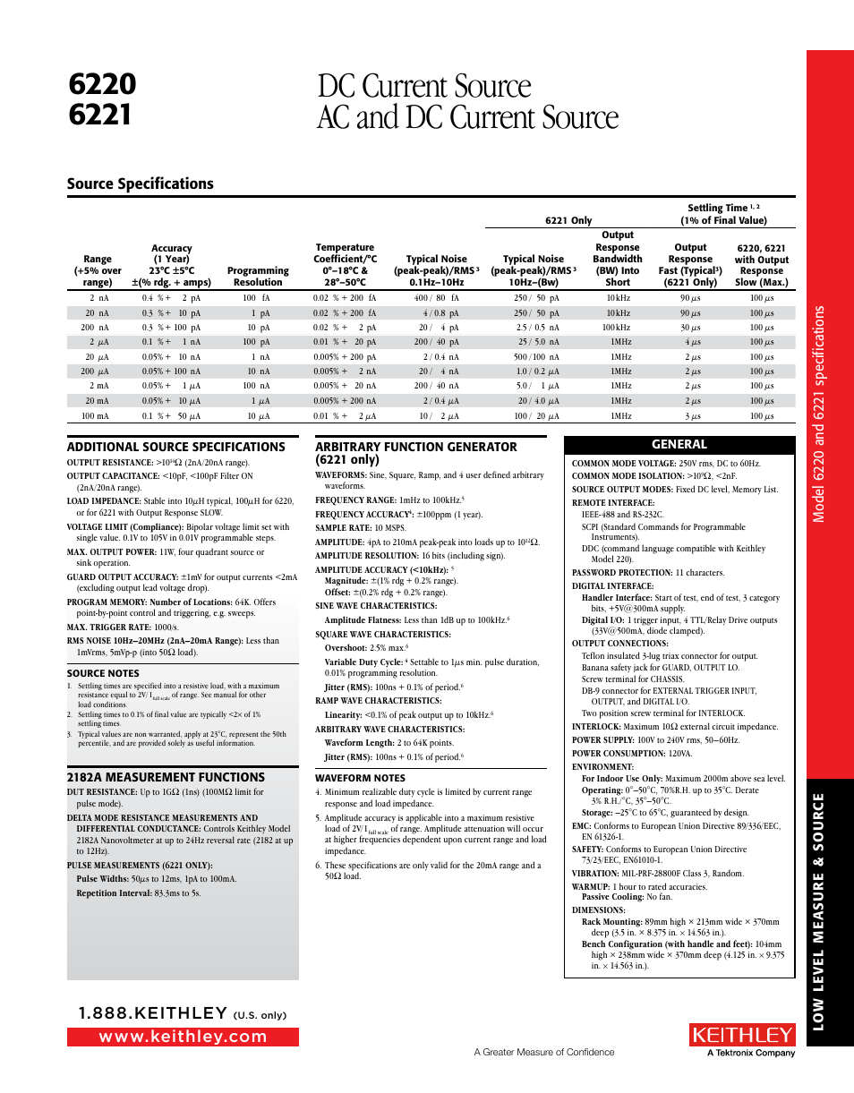 Dc current source ac and dc current source, Source specifications | Atec Keithley-6220-6221 User Manual | Page 5 / 5