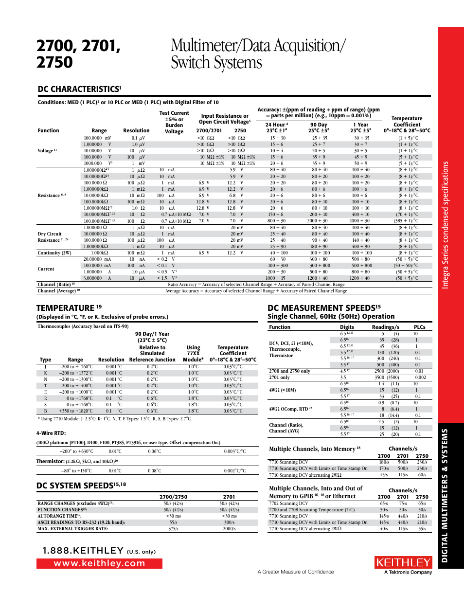 Multimeter/data acquisition/ switch systems, Dc characteristics, Temperature | Dc system speeds, Dc measurement speeds, Single channel, 60hz (50hz) operation, Or ethernet | Atec Keithley-2700 Series User Manual | Page 6 / 9
