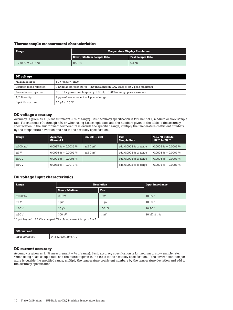 Thermocouple measurement characteristics, Dc voltage accuracy, Dc voltage input characteristics | Dc current accuracy | Atec Fluke-1586A User Manual | Page 10 / 12