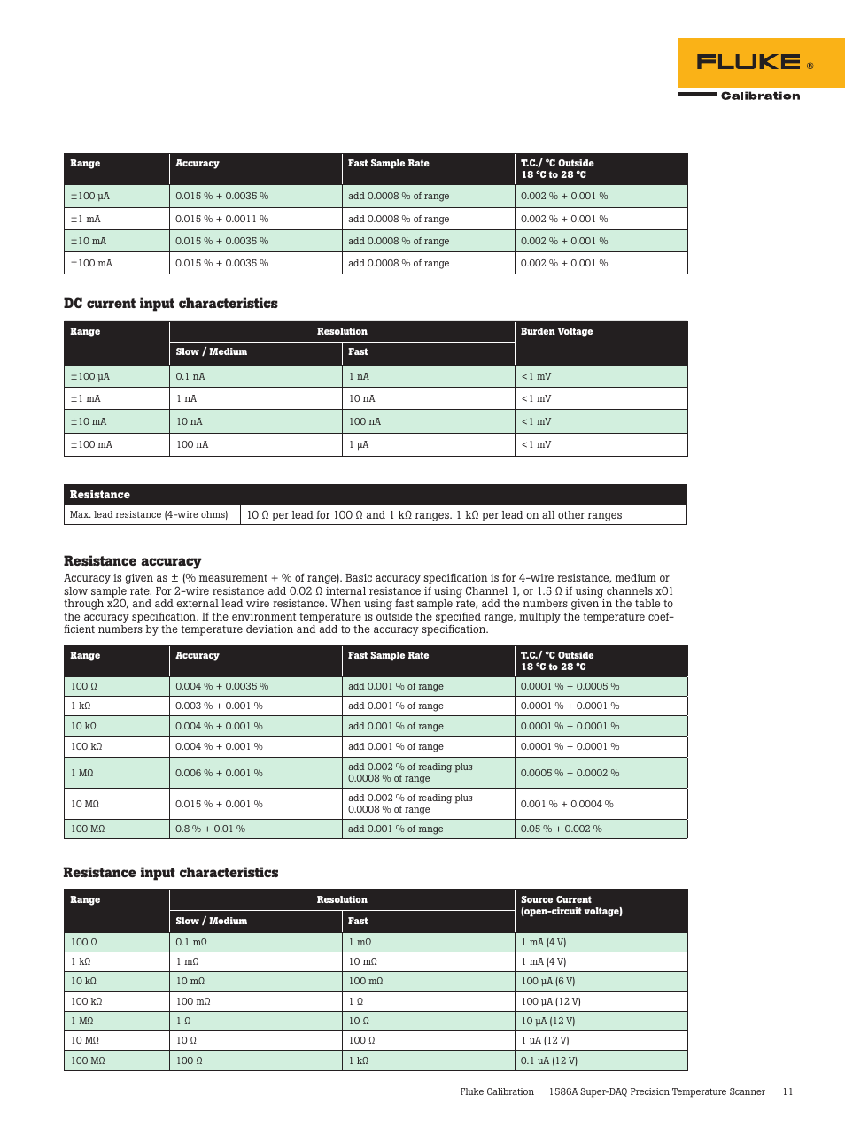 Dc current input characteristics, Resistance accuracy, Resistance input characteristics | Atec Fluke-1586A User Manual | Page 11 / 12