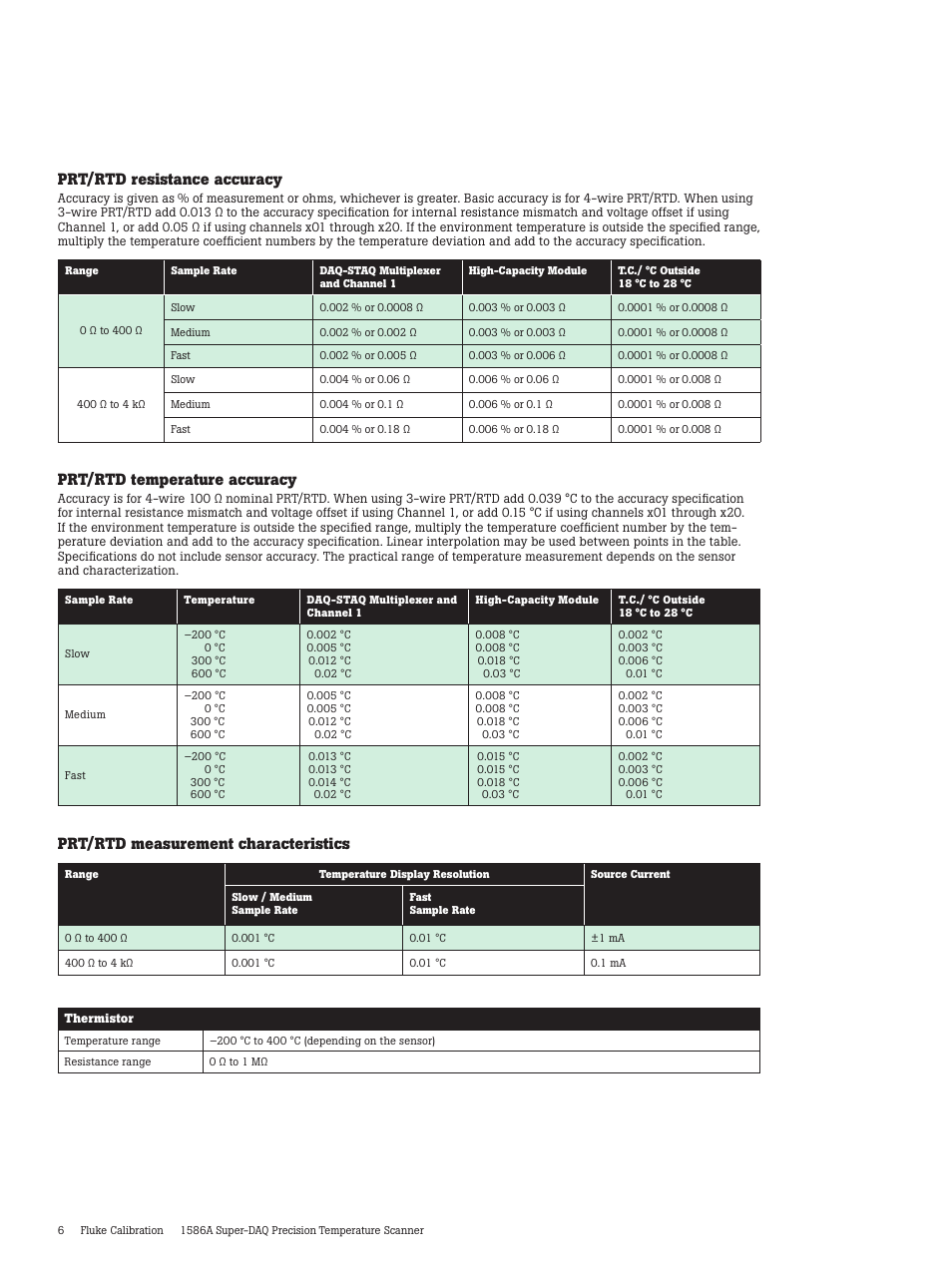 Prt/rtd resistance accuracy, Prt/rtd temperature accuracy, Prt/rtd measurement characteristics | Atec Fluke-1586A User Manual | Page 6 / 12