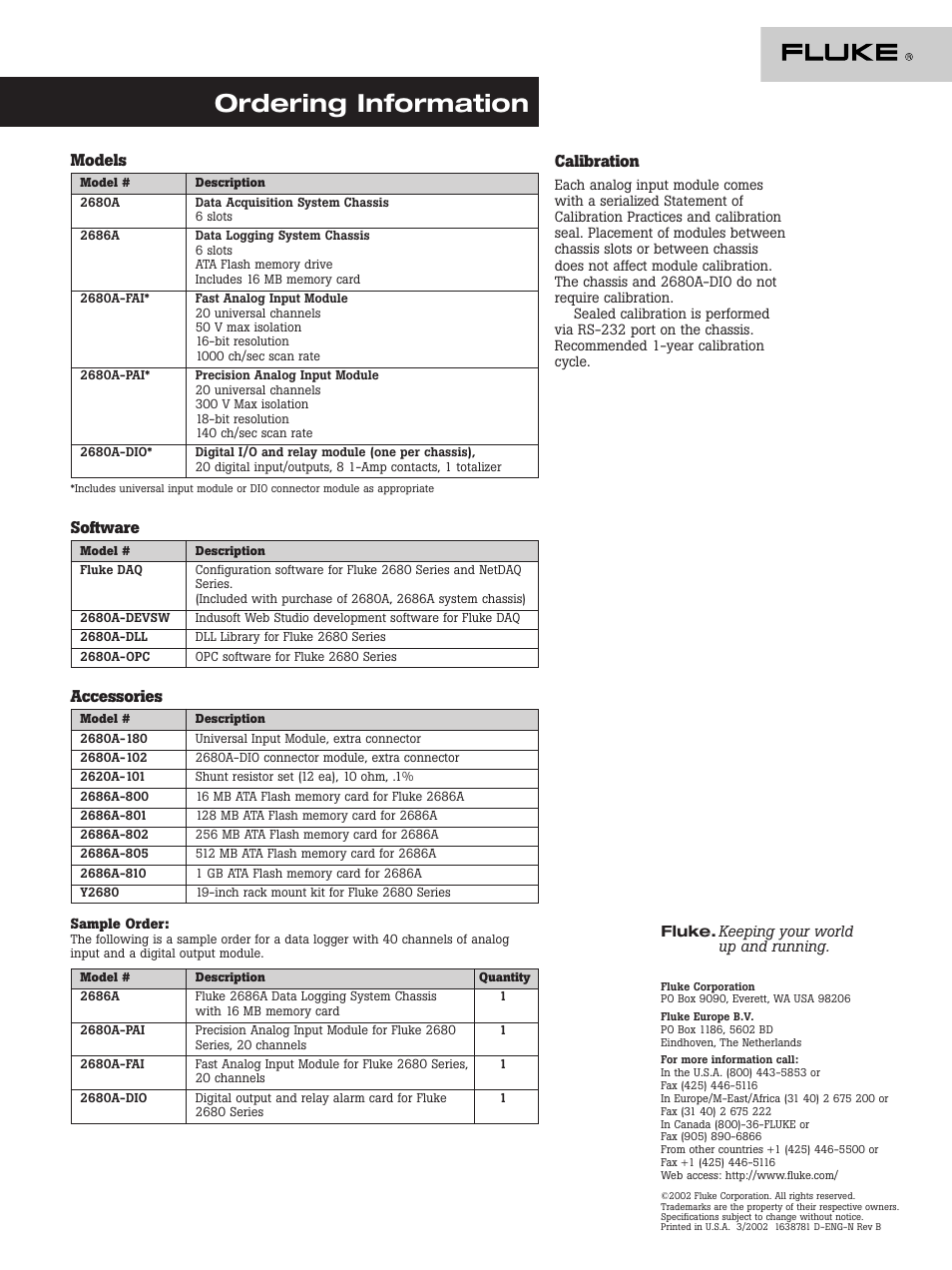 Ordering information, Models, Software | Accessories, Calibration | Atec Fluke-2680 Series User Manual | Page 8 / 8