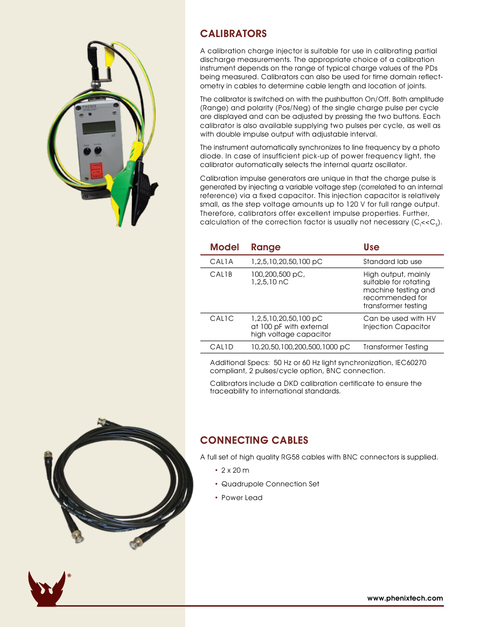 Phenix, Connecting cables, Calibrators | Model range use | Atec Phenix-PD2U User Manual | Page 4 / 8