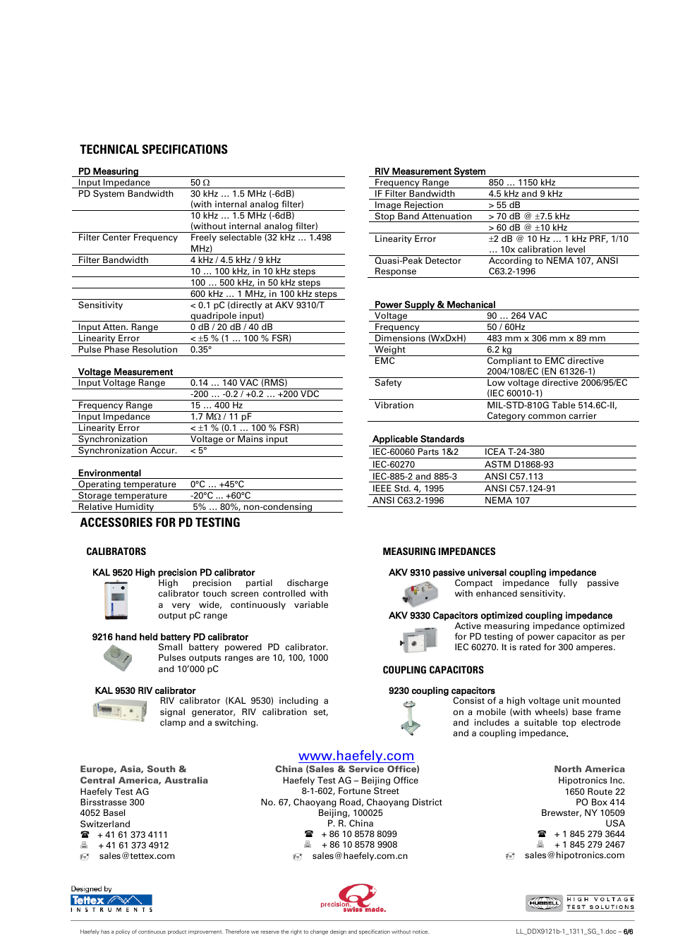 Technical specifications, Accessories for pd testing | Atec Hipotronics-DDX9121B User Manual | Page 6 / 6