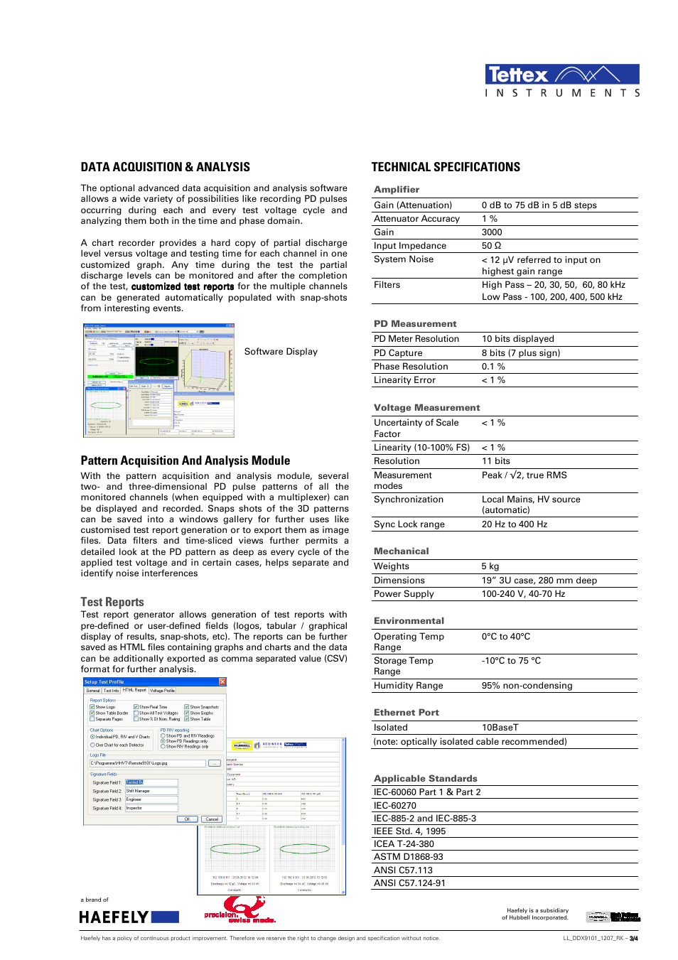 Data acquisition & analysis, Pattern acquisition and analysis module, Test reports | Technical specifications | Atec Hipotronics-DDX9101 User Manual | Page 3 / 4