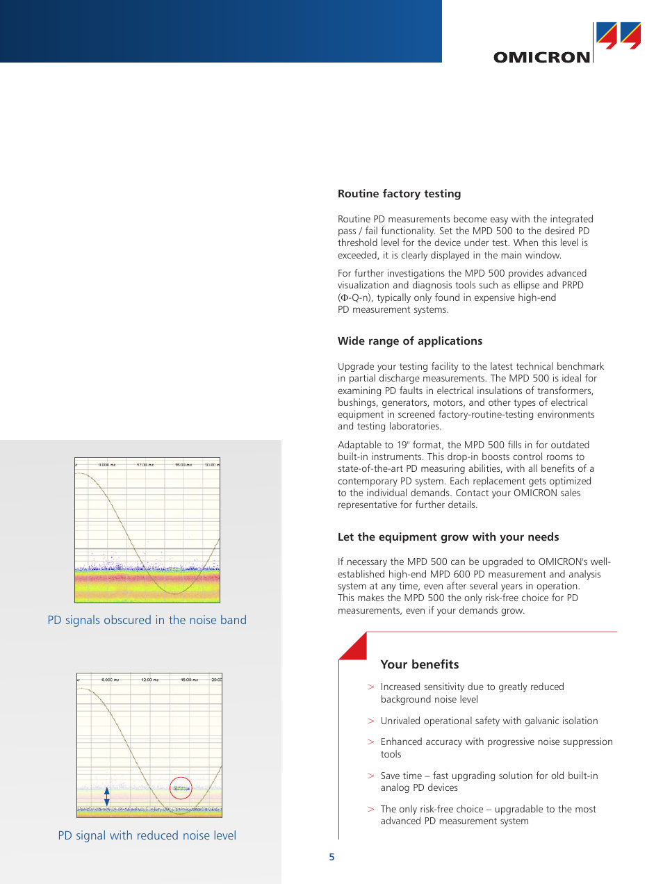 Excellent noise suppression, Your benefits, Routine factory testing | Wide range of applications, Let the equipment grow with your needs | Atec OMICRON-MPD-500 User Manual | Page 5 / 8