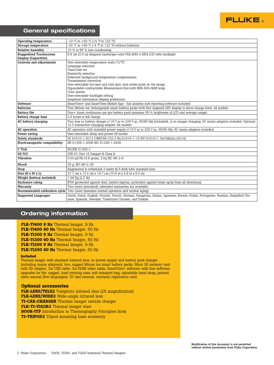 Ordering information, General specifications, Optional accessories | Atec Fluke-Ti 200-300-400 User Manual | Page 3 / 3