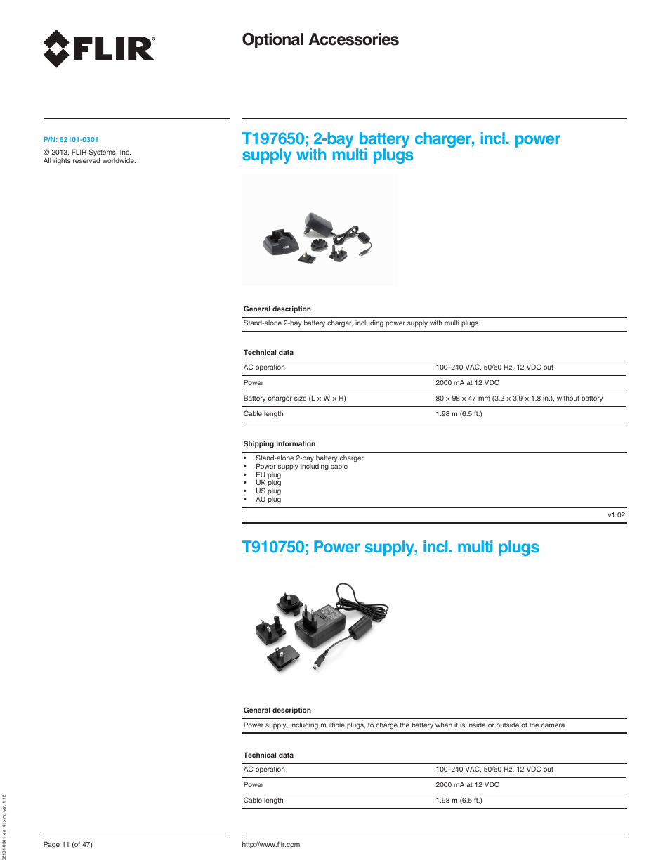 T910750; power supply, incl. multi plugs, Optional accessories, Supply with multi plugs | Atec Flir-T440-wifi User Manual | Page 11 / 53