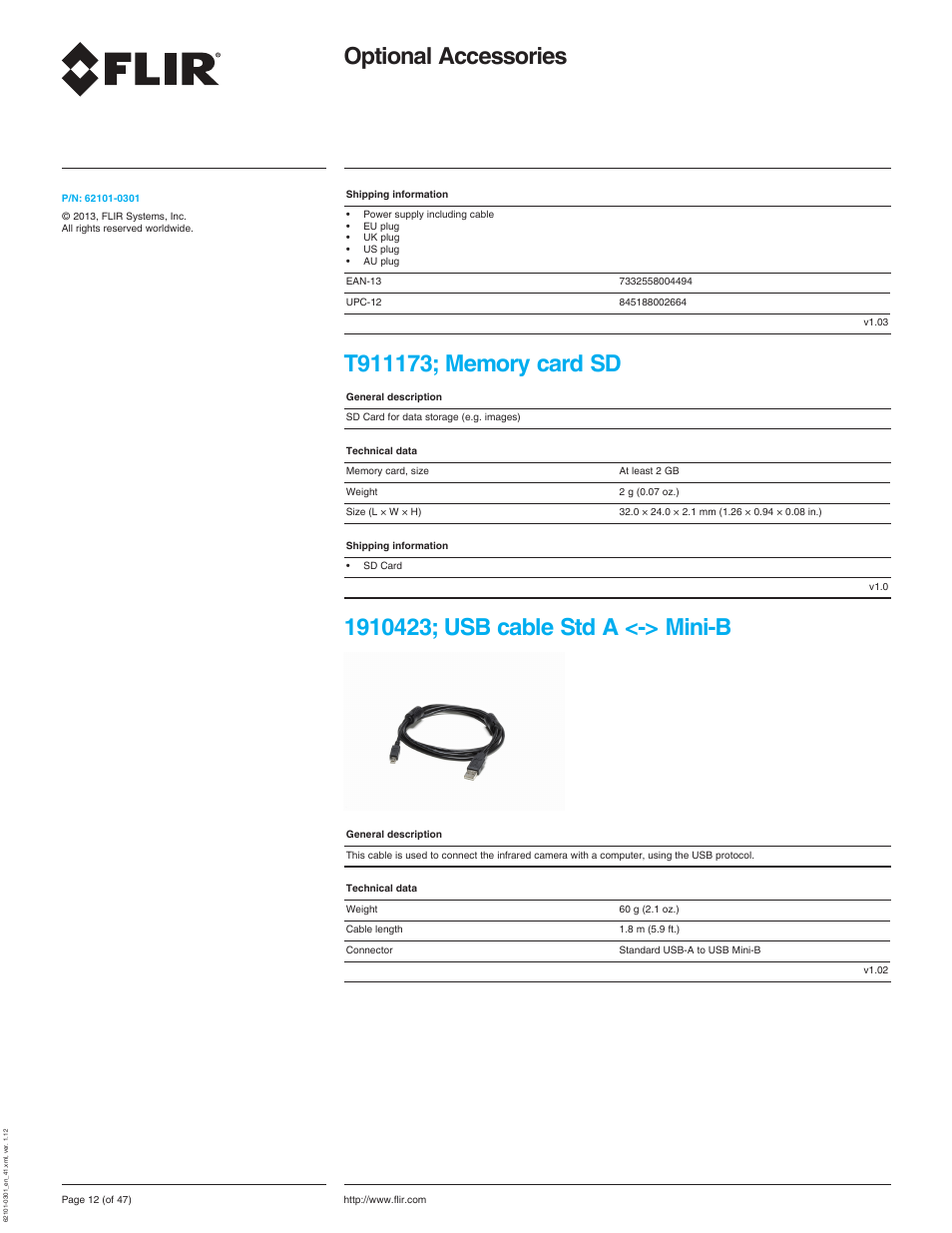 T911173; memory card sd, 1910423; usb cable std a <-> mini-b, Optional accessories | Atec Flir-T440-wifi User Manual | Page 12 / 53