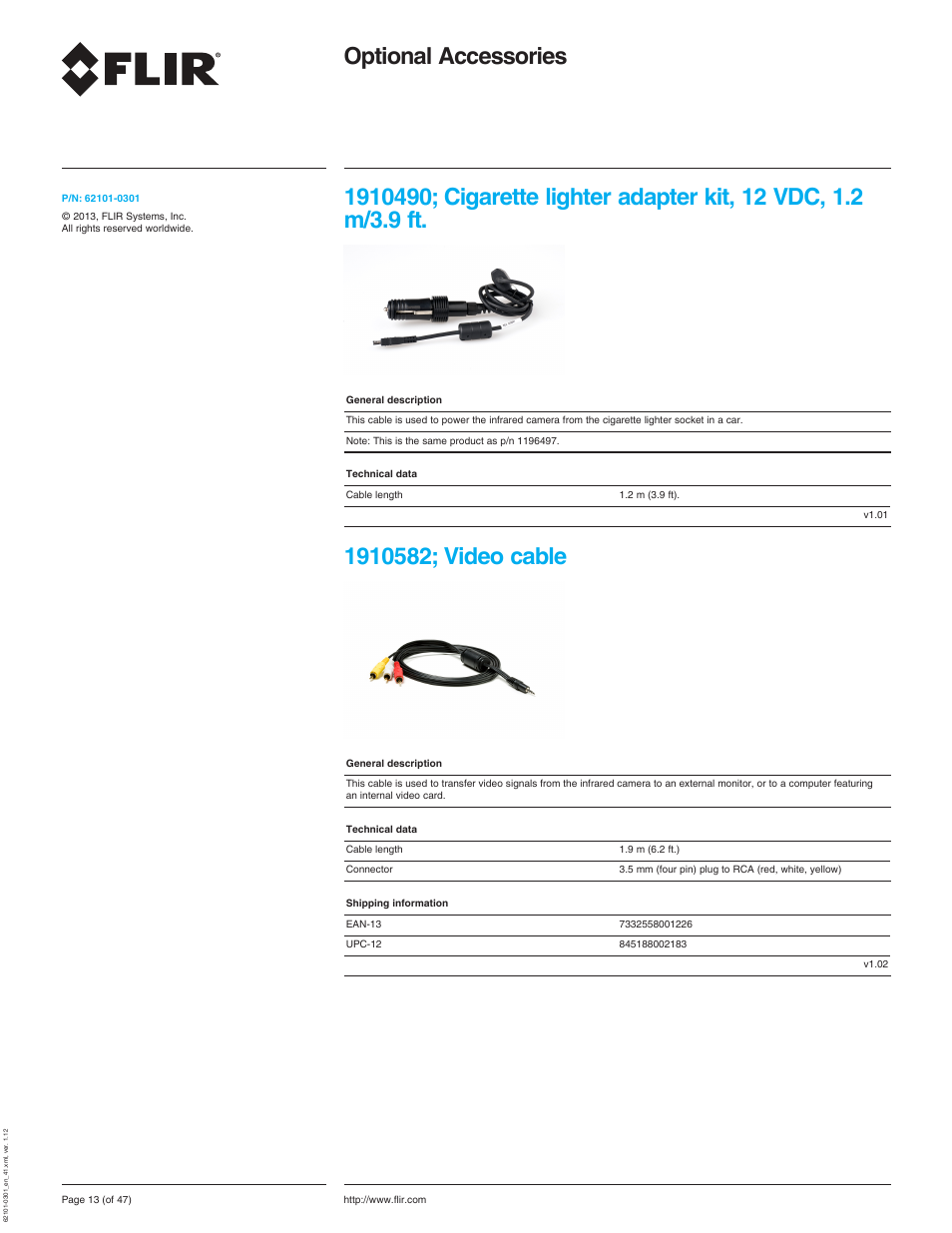 1910582; video cable, Optional accessories, M/3.9 ft | Atec Flir-T440-wifi User Manual | Page 13 / 53